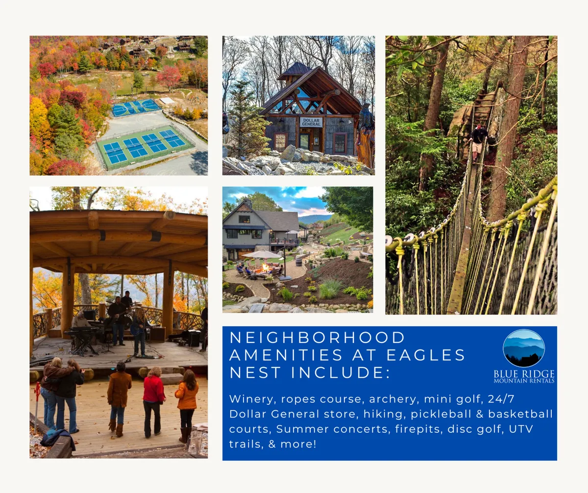 This exterior image features a vibrant scene with visible ropes course structures, mini golf area, archery range, outdoor stage, walking trails, and communal gathering spaces. The atmosphere is lively and adventurous, perfectly capturing the variety of outdoor amenities and activities available at Eagles Nest.